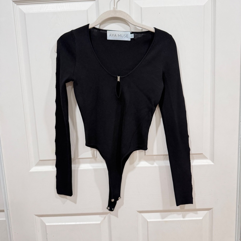 Aya Muse Black Ribbed Knit Long Sleeve Cutout Bodice V-Neck Bodysuit Small